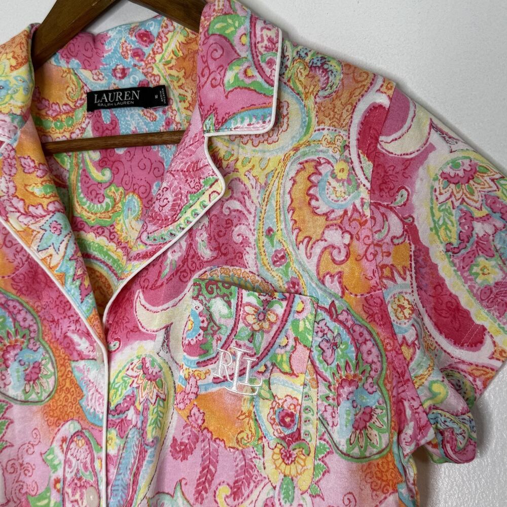 Ralph Lauren Logo Pajama Top Womens Medium Pink Paisley Short Sleeve Sleepwear